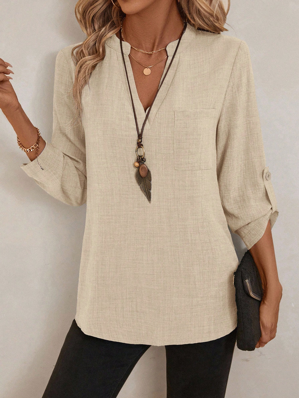 Women's Textured V Neck Blouse