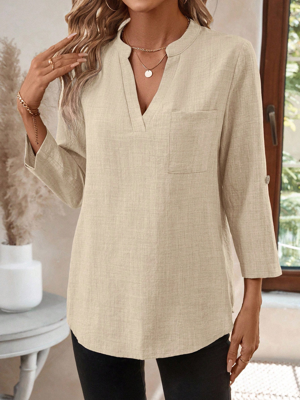 Women's Textured V Neck Blouse