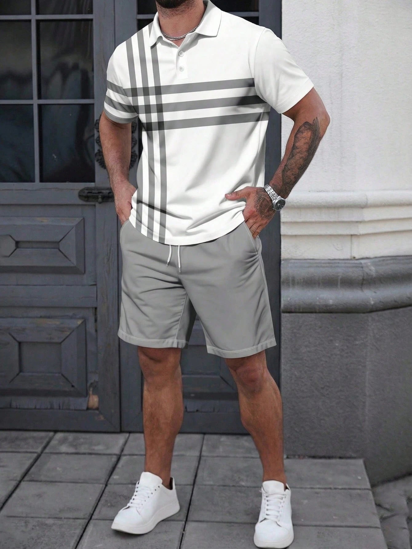 Men's Striped Print Shirt Set