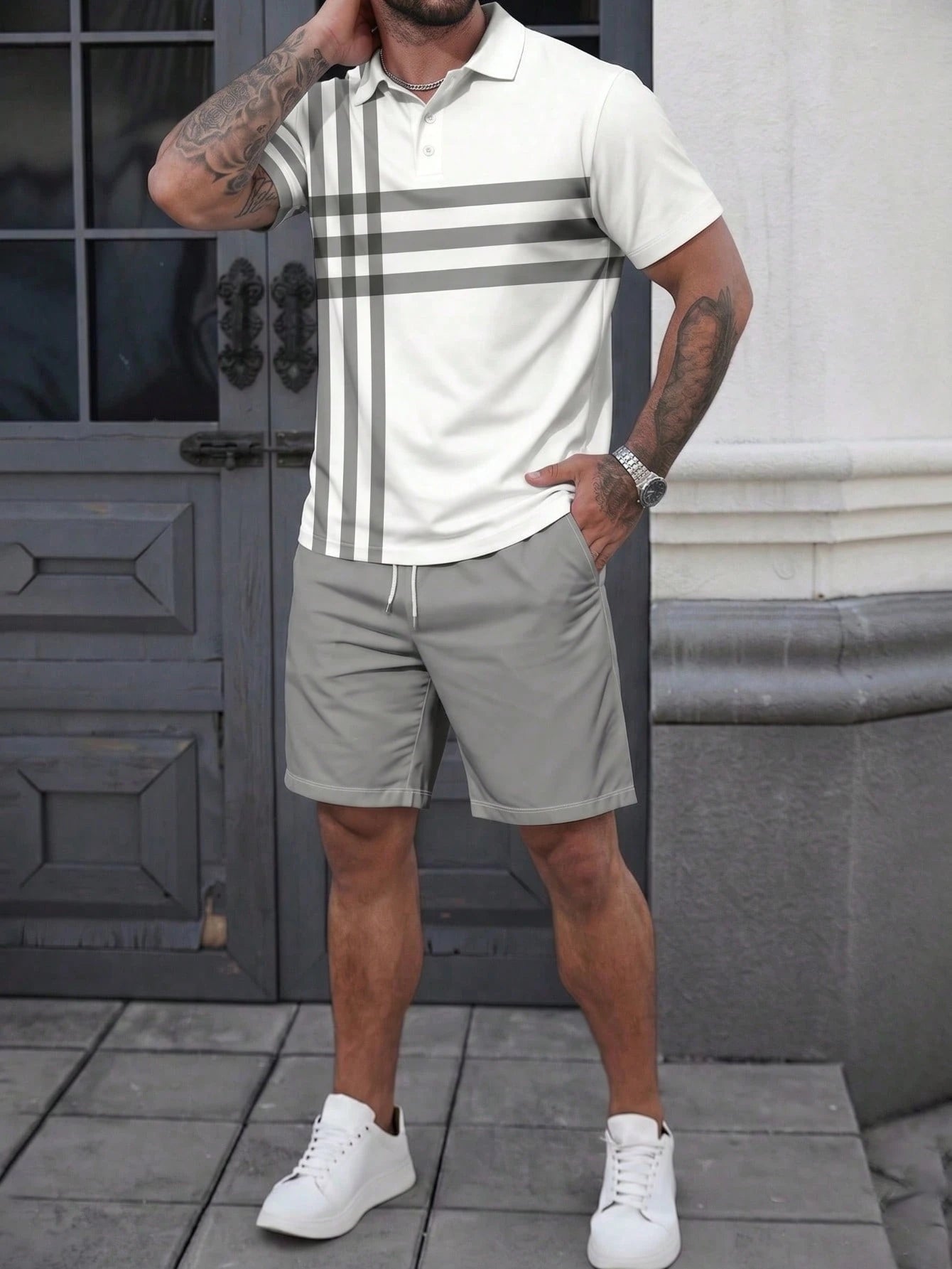 Men's Striped Print Shirt Set