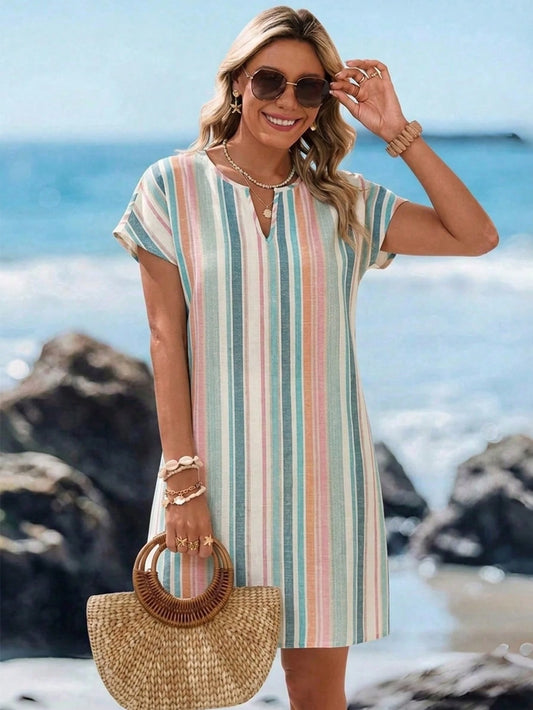 Women's Striped V Neck Mini Dress