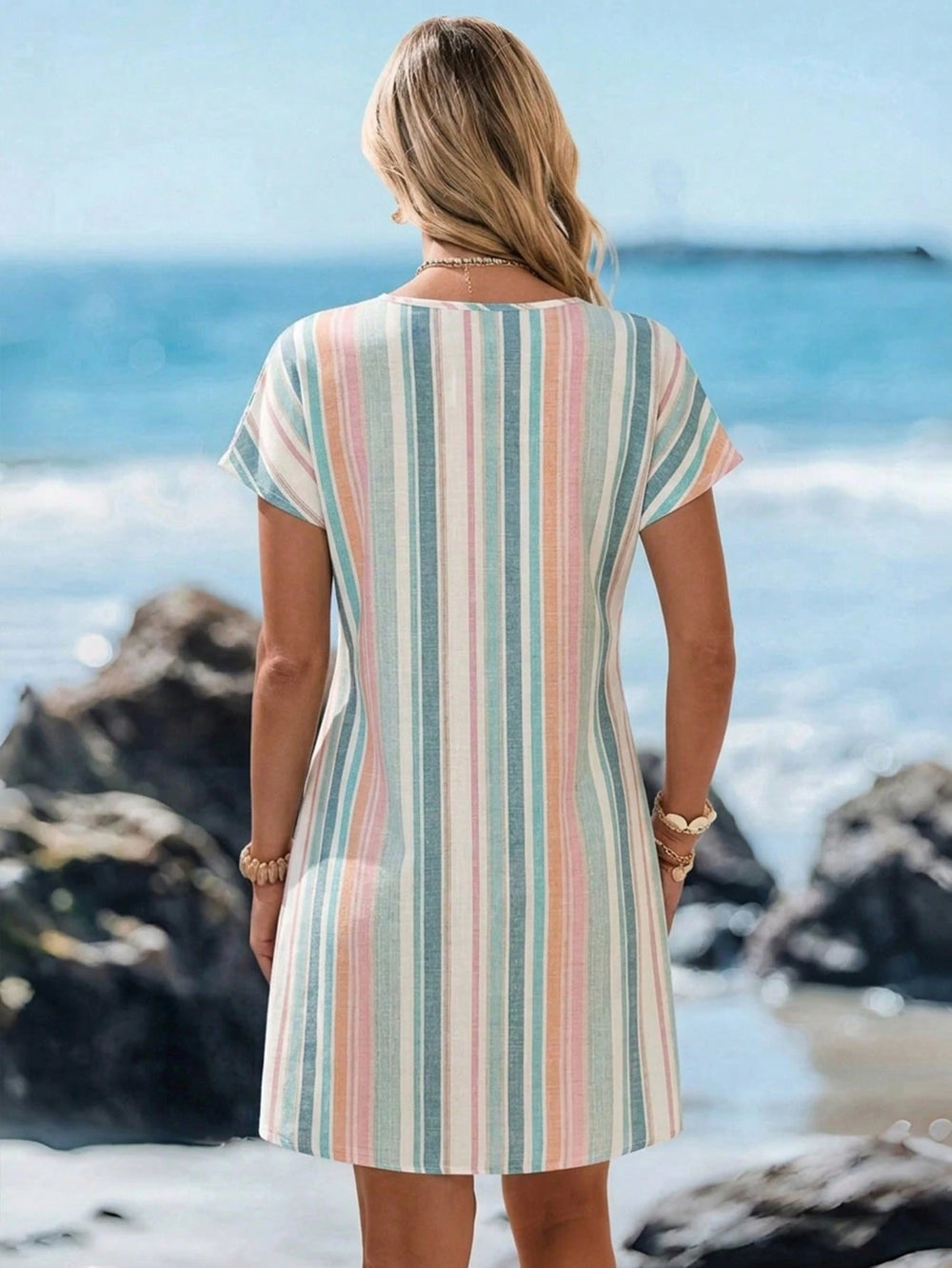 Women's Striped V Neck Mini Dress
