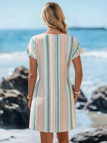 Women's Striped V Neck Mini Dress