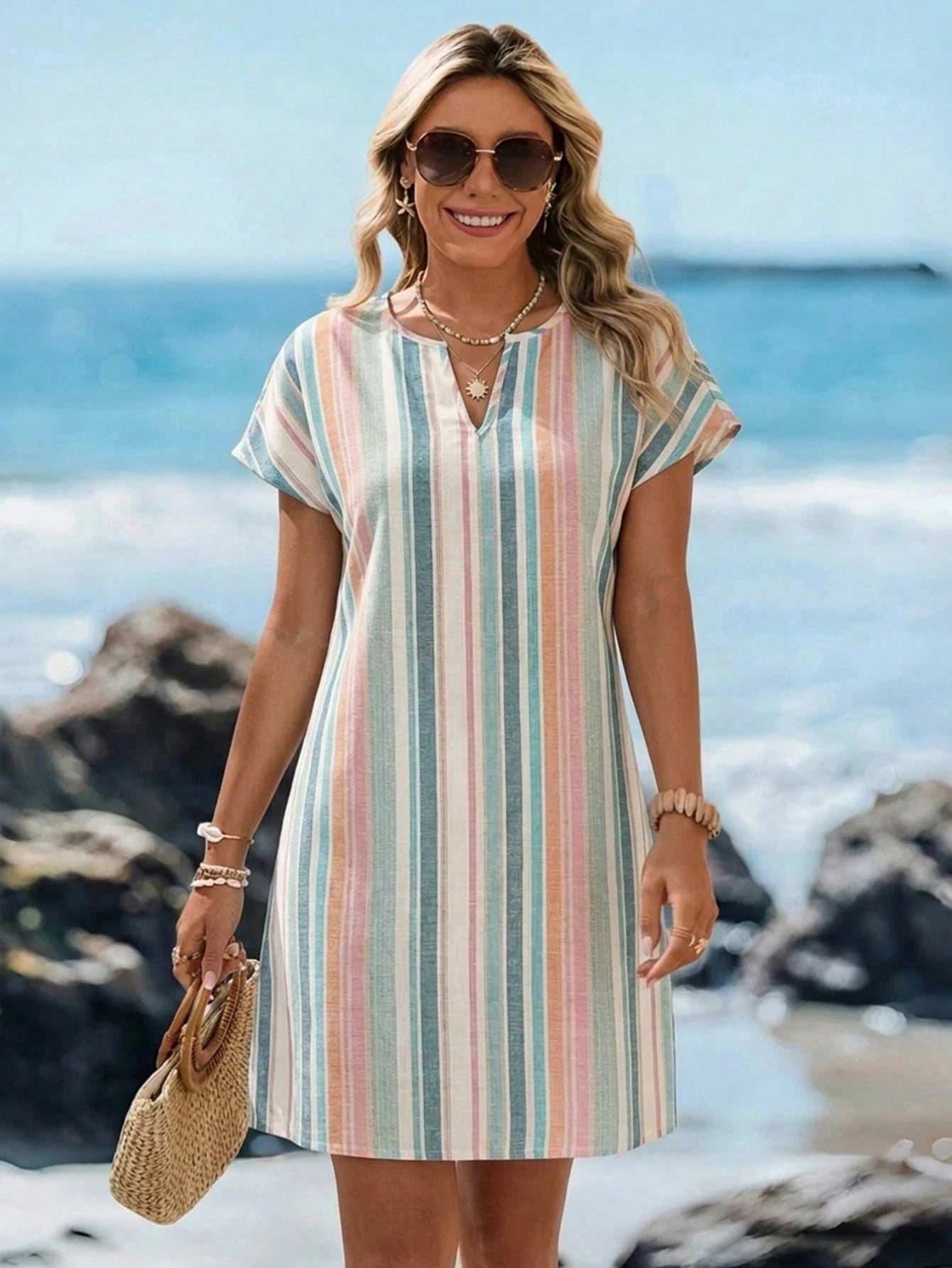 Women's Striped V Neck Mini Dress