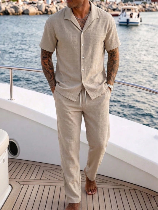Men's Textured Cuban Collar Shirt Set