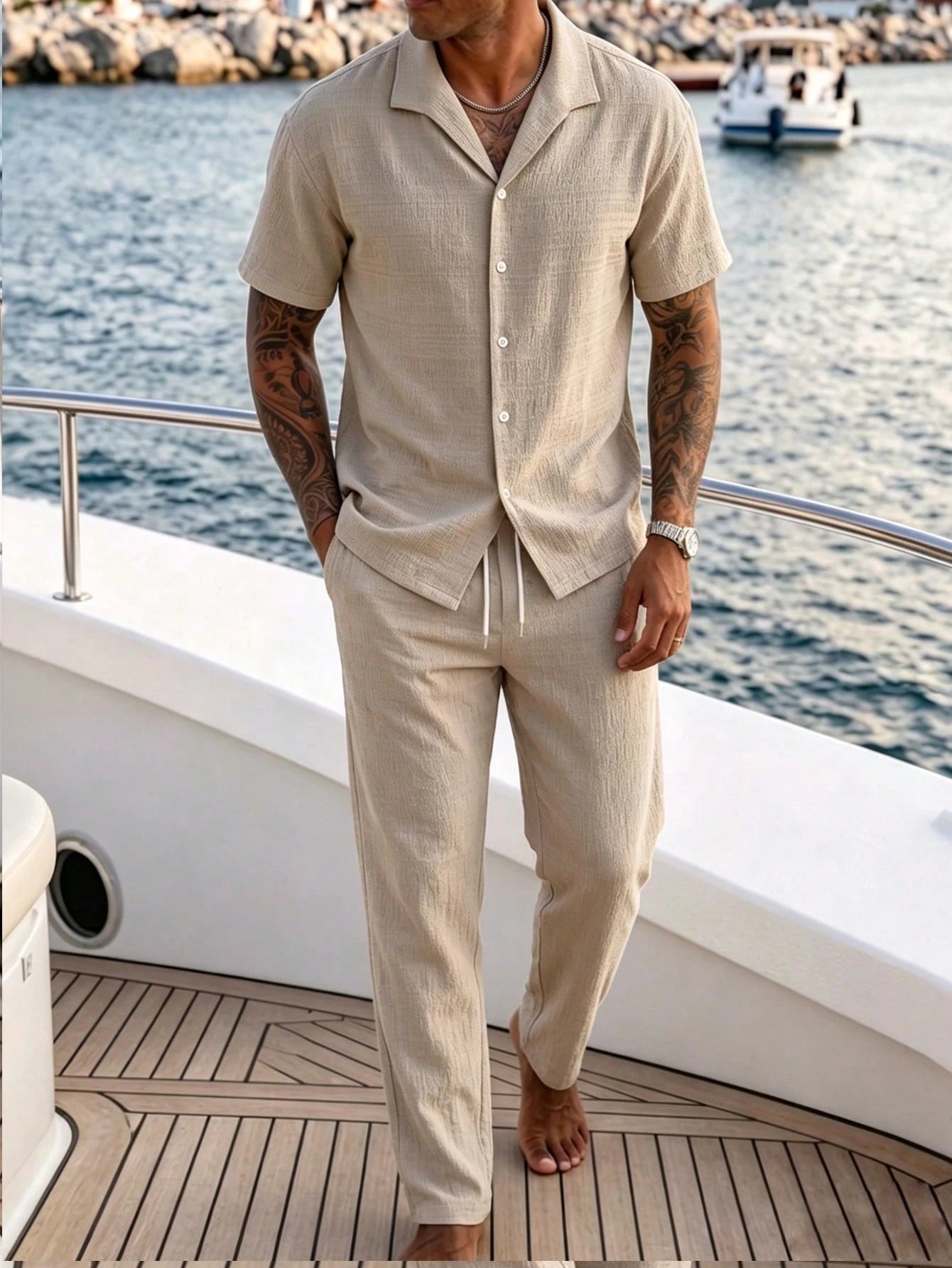 Men's Textured Cuban Collar Shirt Set