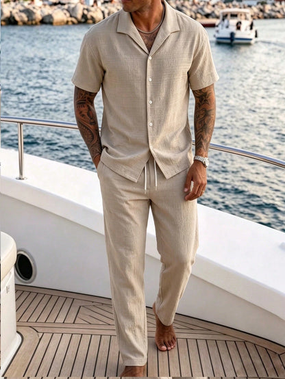 Men's Textured Cuban Collar Shirt Set