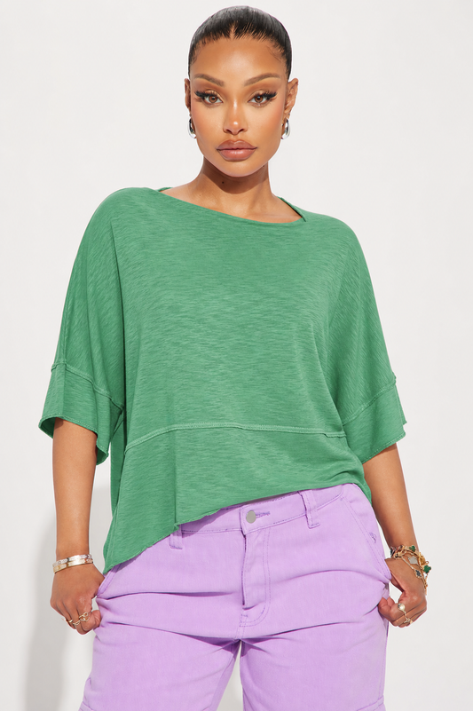Women's Casual Green Half Sleeve T-Shirt With Asymmetrical Neck Drop Shoulder And Exposed Seam Details Made From Polyester Regular Length