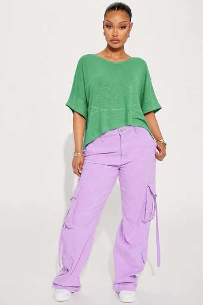Women's Casual Green Half Sleeve T-Shirt With Asymmetrical Neck Drop Shoulder And Exposed Seam Details Made From Polyester Regular Length