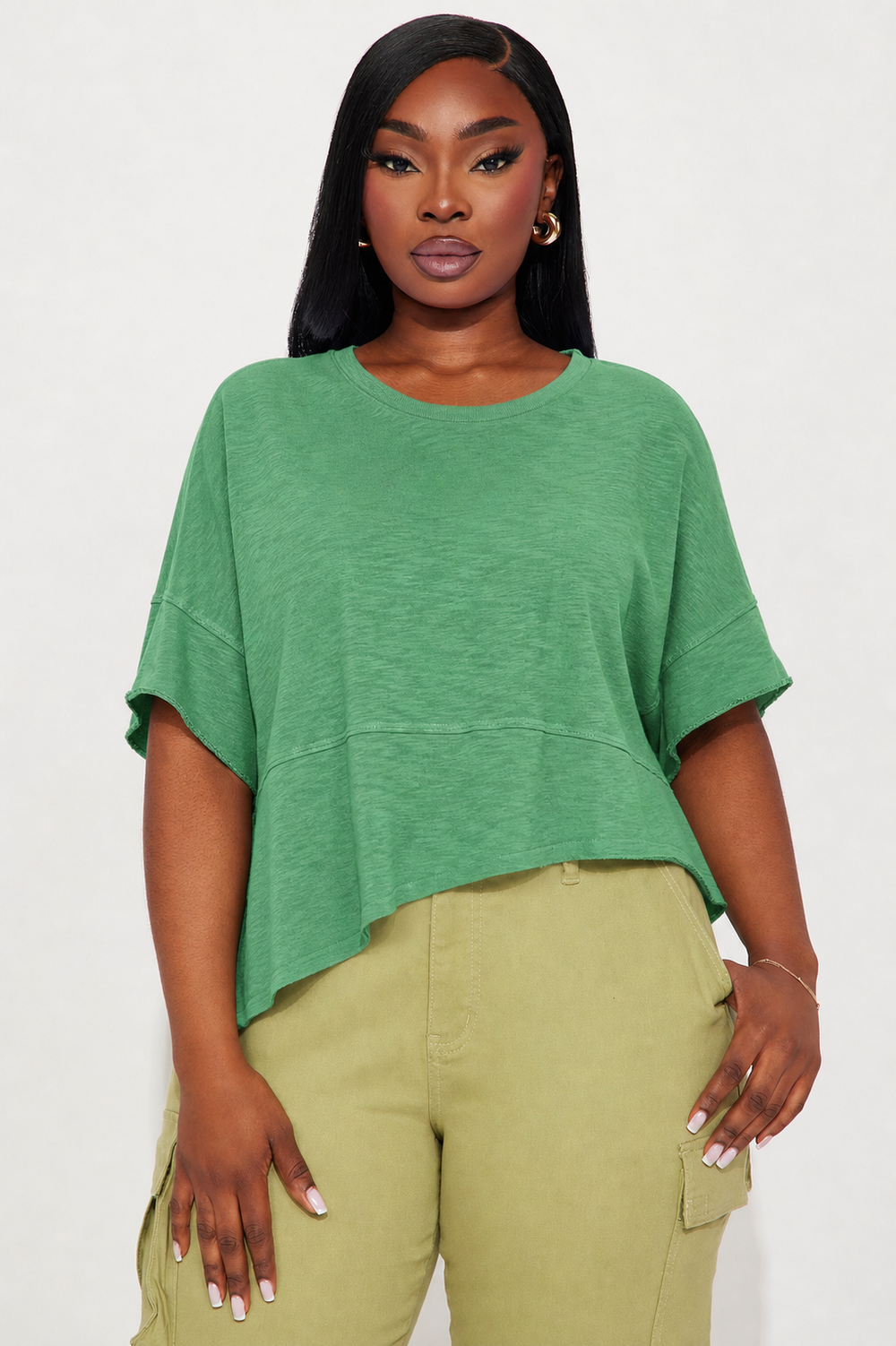 Women's Casual Green Half Sleeve T-Shirt With Asymmetrical Neck Drop Shoulder And Exposed Seam Details Made From Polyester Regular Length