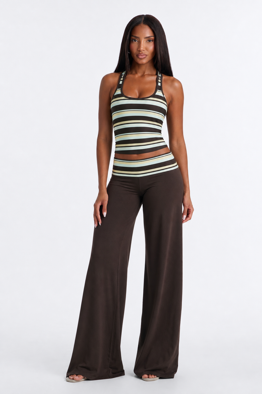 Casual Sleeveless U-Neck Slim-Fit Striped Top And Loose Long Pants Set. Casual, Vacation, Elegant, Beach Outfit, Beach,Mini Skirt Y2K  Yoga Flare