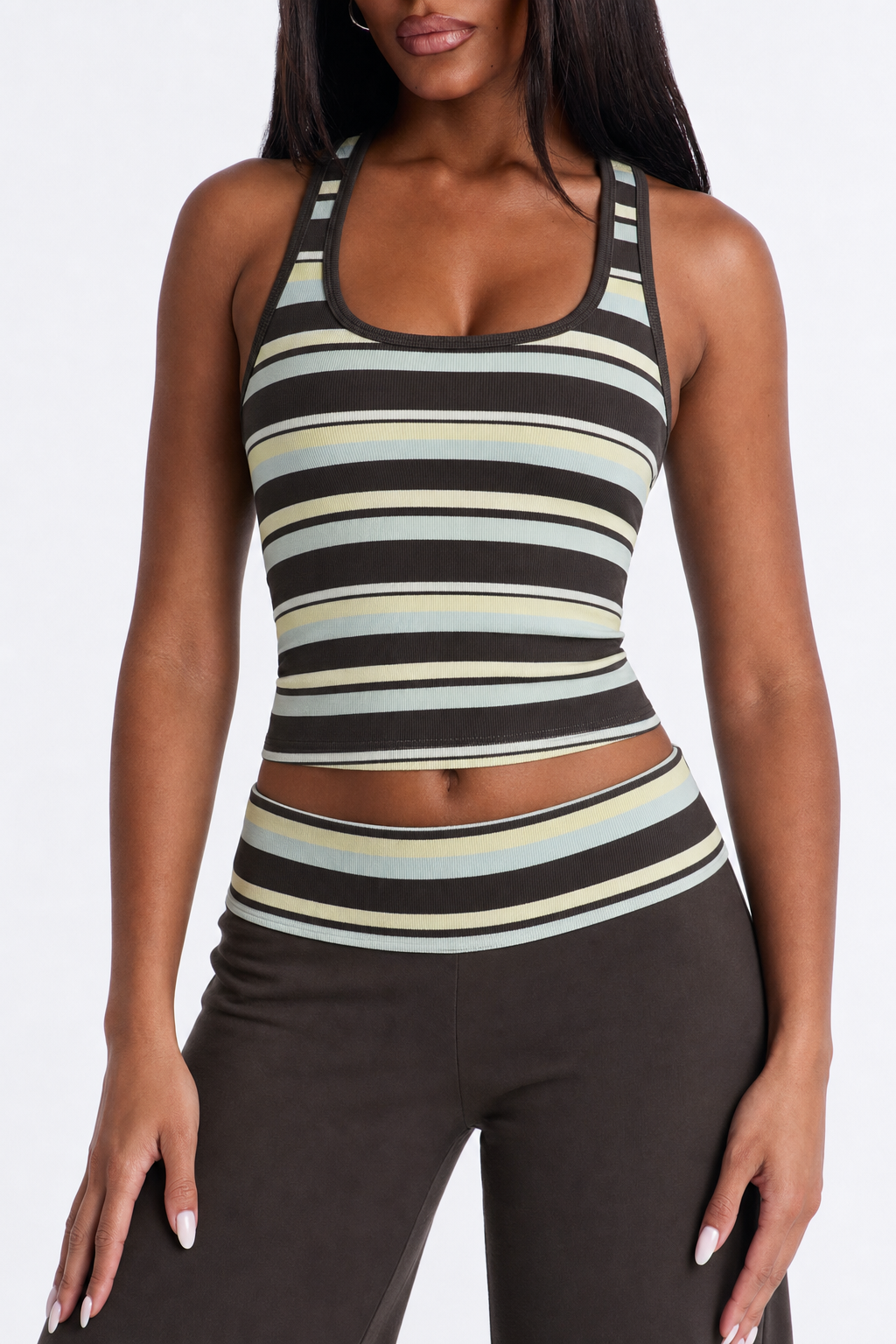 Casual Sleeveless U-Neck Slim-Fit Striped Top And Loose Long Pants Set. Casual, Vacation, Elegant, Beach Outfit, Beach,Mini Skirt Y2K  Yoga Flare
