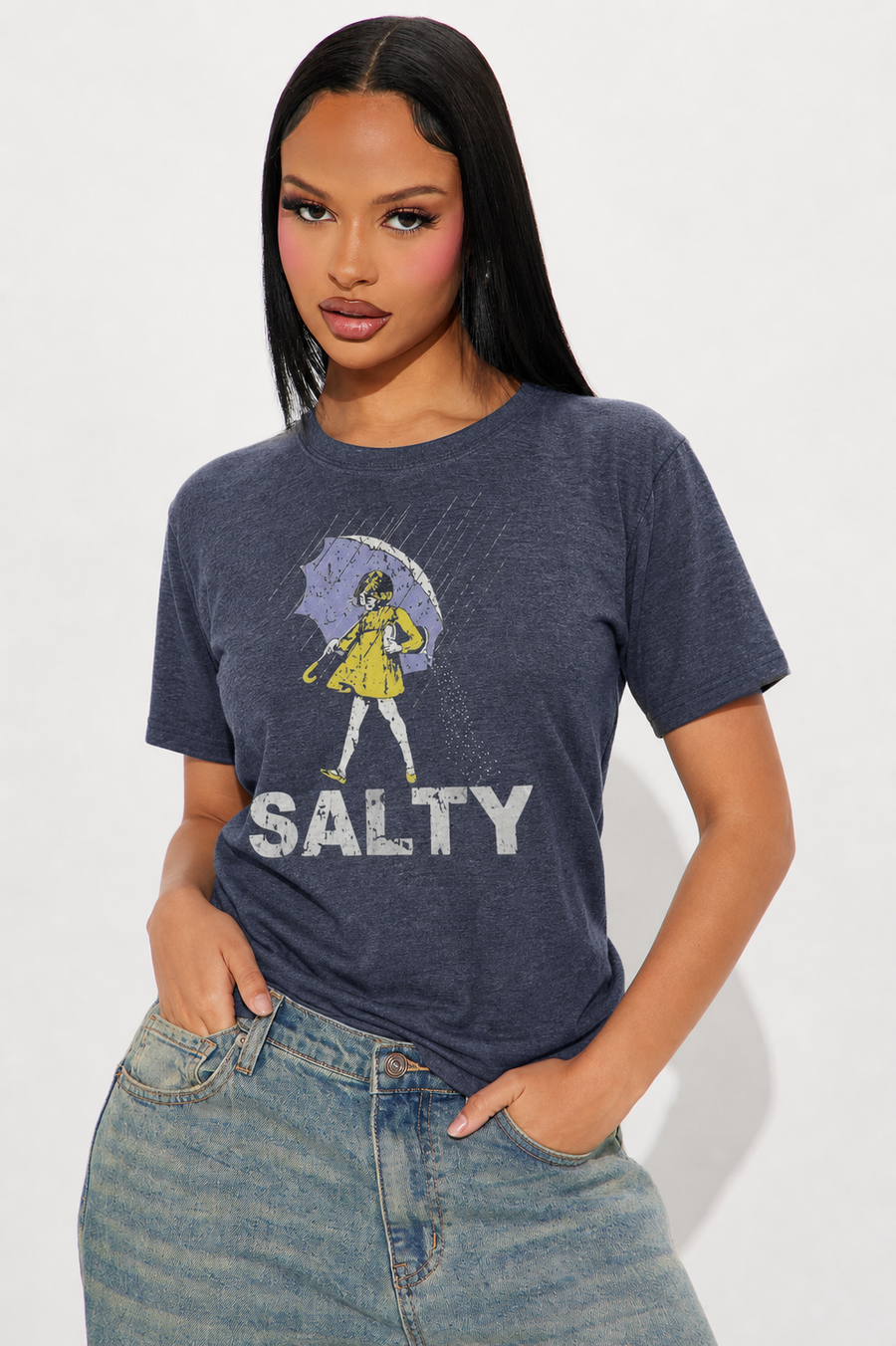 Colored Cotton T-Shirt  Comfortable, Stylish With Minimalist Design, Casual & Versatile, INS Style Salty Girl With Umbrella Rain T Shirt Graphic Tee