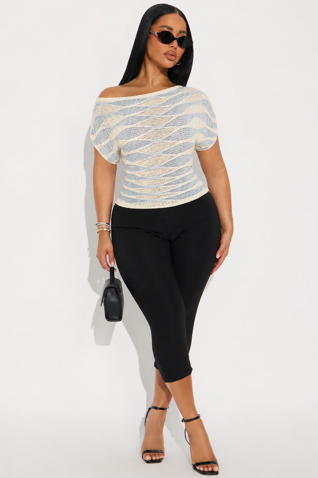 LYSMO Women's Minimalism Asymmetric Collar Contrast Color Knit Top,Blue White Stripe,Summer,Effortless Chic,Vacation Casual Spring/Summer Beach Tops