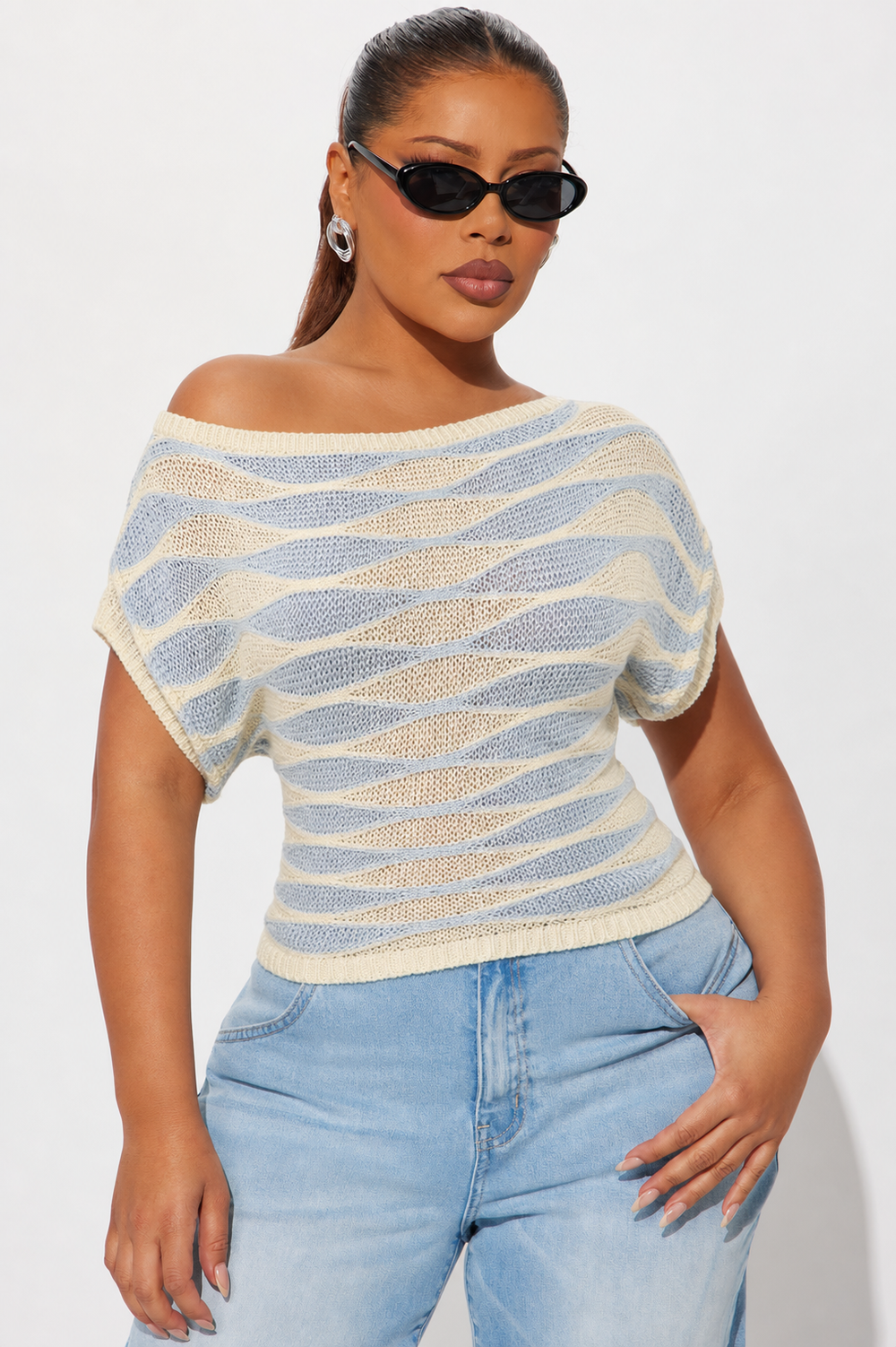 LYSMO Women's Minimalism Asymmetric Collar Contrast Color Knit Top,Blue White Stripe,Summer,Effortless Chic,Vacation Casual Spring/Summer Beach Tops