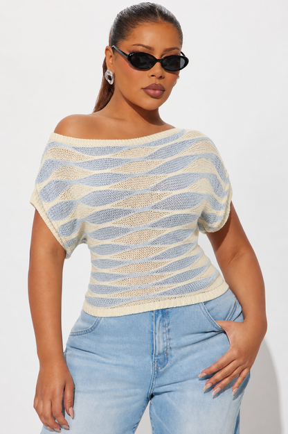 LYSMO Women's Minimalism Asymmetric Collar Contrast Color Knit Top,Blue White Stripe,Summer,Effortless Chic,Vacation Casual Spring/Summer Beach Tops
