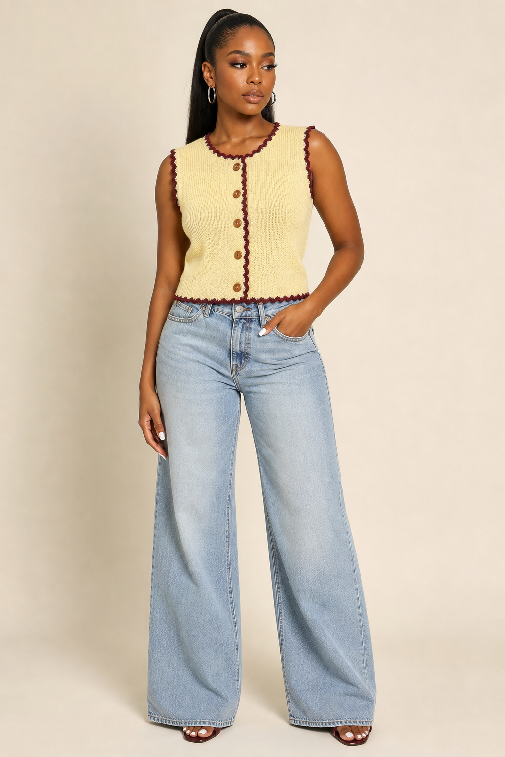 SHEIN Holidaya Women's Color Block Single-Breasted Casual Everyday Knit Top