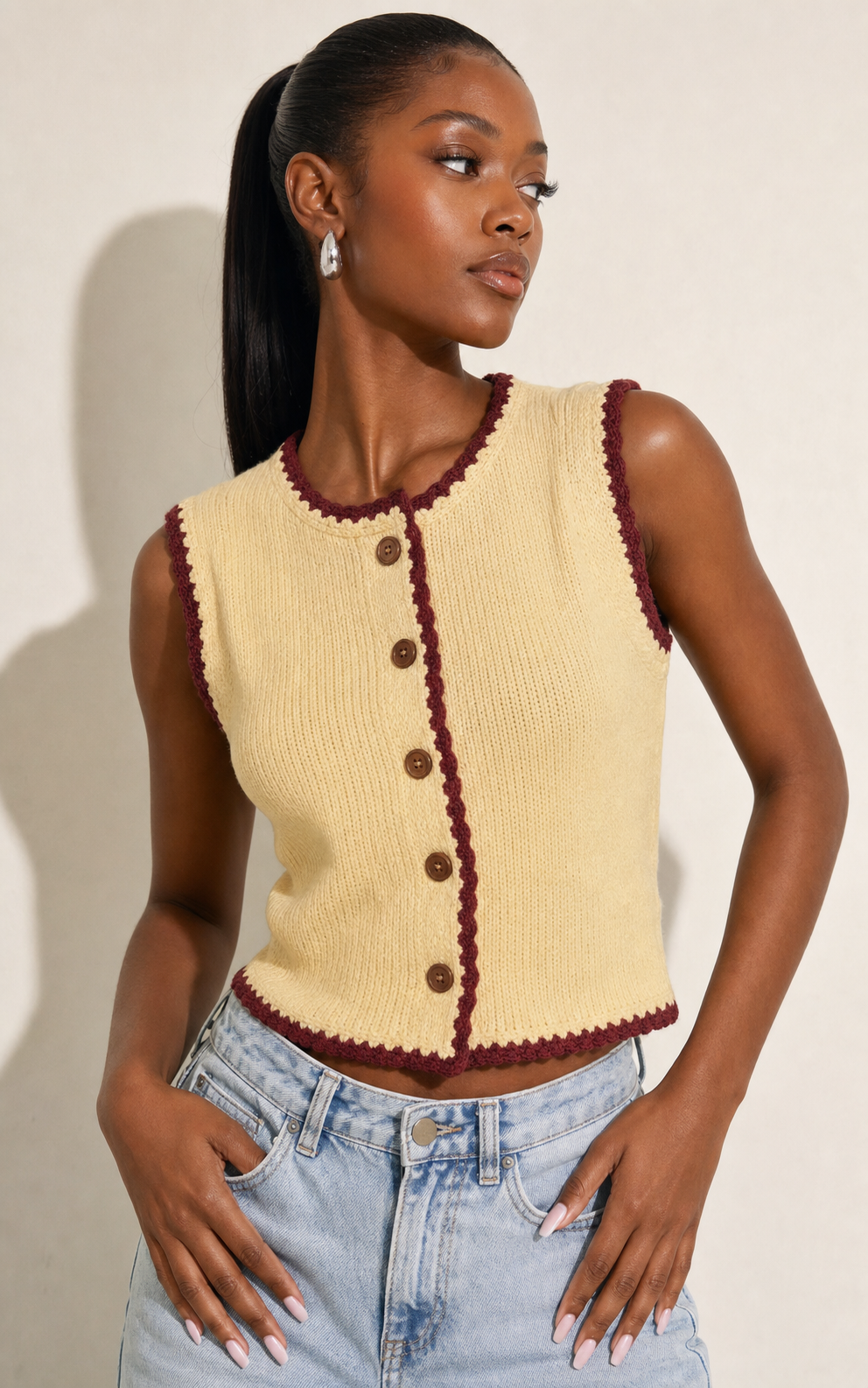 SHEIN Holidaya Women's Color Block Single-Breasted Casual Everyday Knit Top