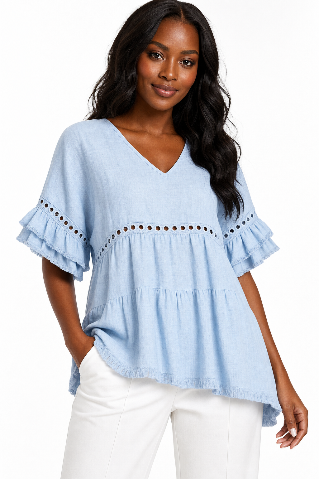 Women's Linen Blend Eyelet & Fringe Trim Blouse, V-Neck Short Sleeve Casual Top
