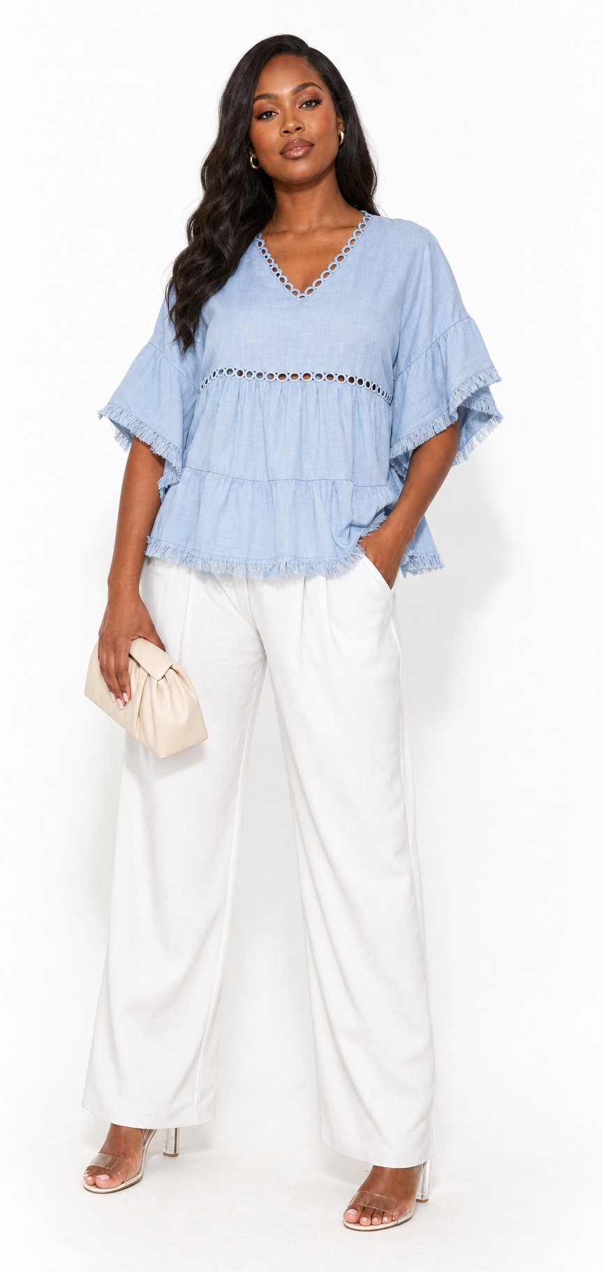 Women's Linen Blend Eyelet & Fringe Trim Blouse, V-Neck Short Sleeve Casual Top