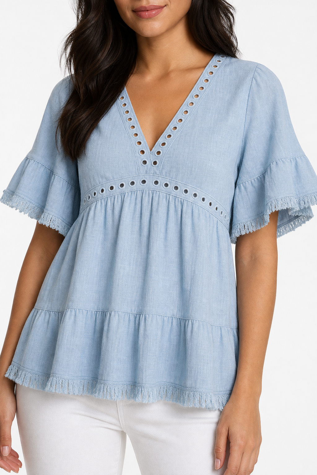 Women's Linen Blend Eyelet & Fringe Trim Blouse, V-Neck Short Sleeve Casual Top