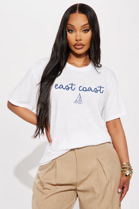 Women'S American  Casual Style Short Sleeve T-Shirt, Blue Handwritten East Coast Easy Sailing Line Printed Breathable Casual Top, Summer Seaside