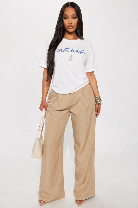 Women'S American  Casual Style Short Sleeve T-Shirt, Blue Handwritten East Coast Easy Sailing Line Printed Breathable Casual Top, Summer Seaside