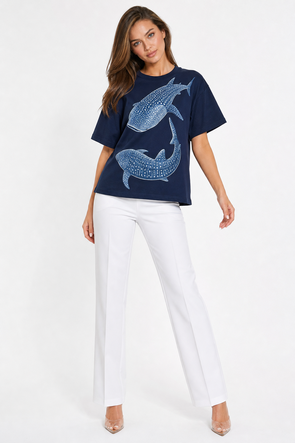 Vacation Outfits For Women2026Blue Whale Shark Simple Printing T-Shirts Women Summer Tops Comfortable O-Neck T Shirt Fashion Casual Women Clothes