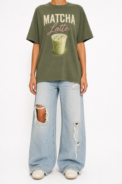 Matcha Lovers' Casual Fashion Loose-Fitting Round-Neck Short-Sleeve Pink T-Shirt For Women, A Short-Sleeve Round-Neck Casual Top For Ladies 2026