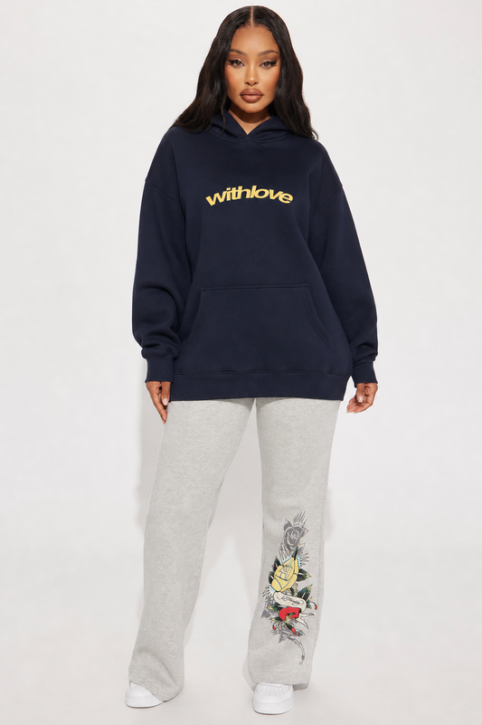 Women Loose Hooded Sweatshirt, Withlove Letter Back Print Ins Vintage Style Lined Cordless Pullover, Lazy Fit Casual Daily Home Comfort Hoodie