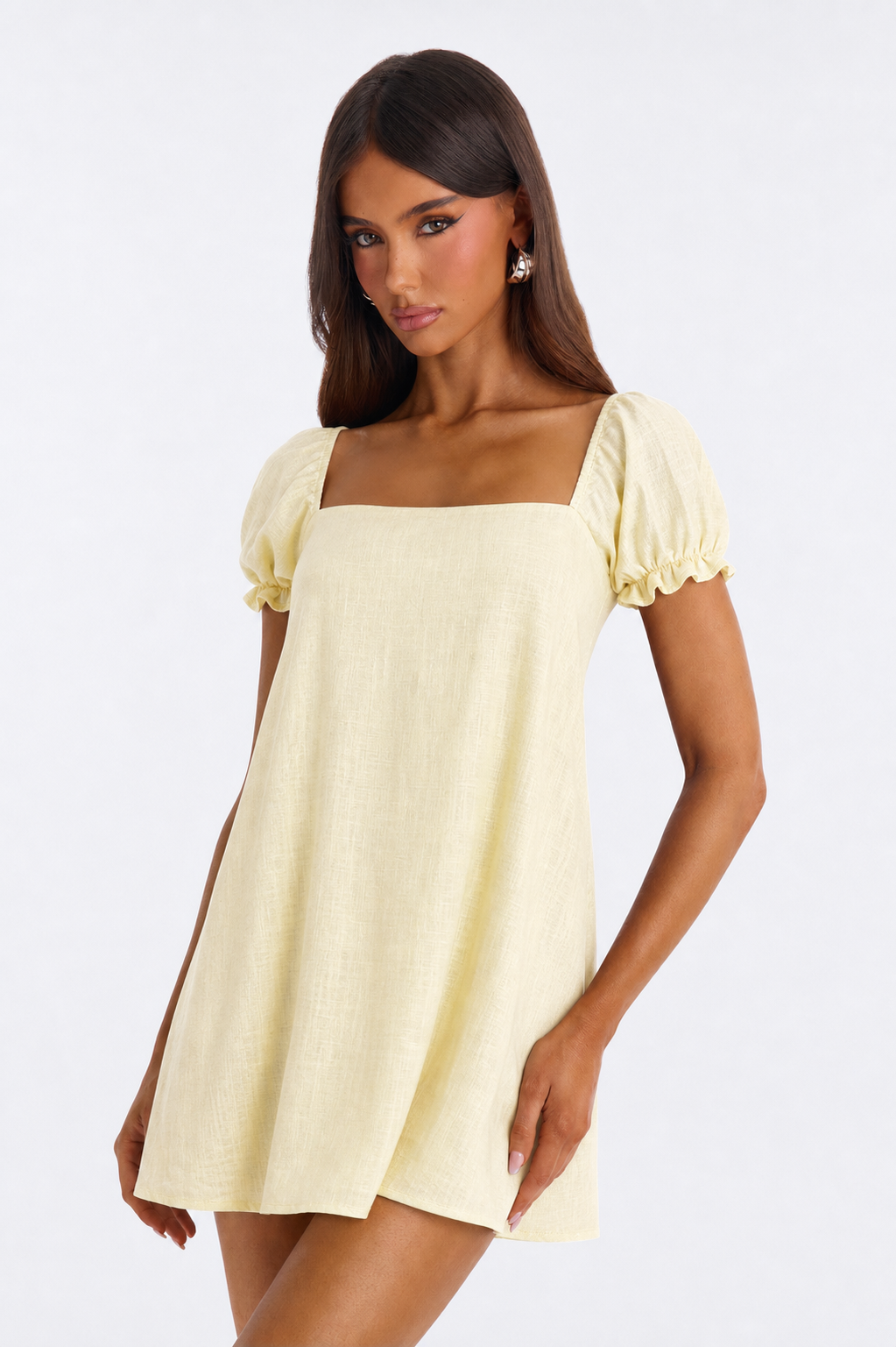 Women's Linen Blend Square Neck Puff Sleeve Mini Dress Open Back Tie Swing Sundress Casual Vacation Outfit For Spring And Summer