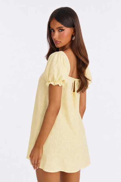 Women's Linen Blend Square Neck Puff Sleeve Mini Dress Open Back Tie Swing Sundress Casual Vacation Outfit For Spring And Summer