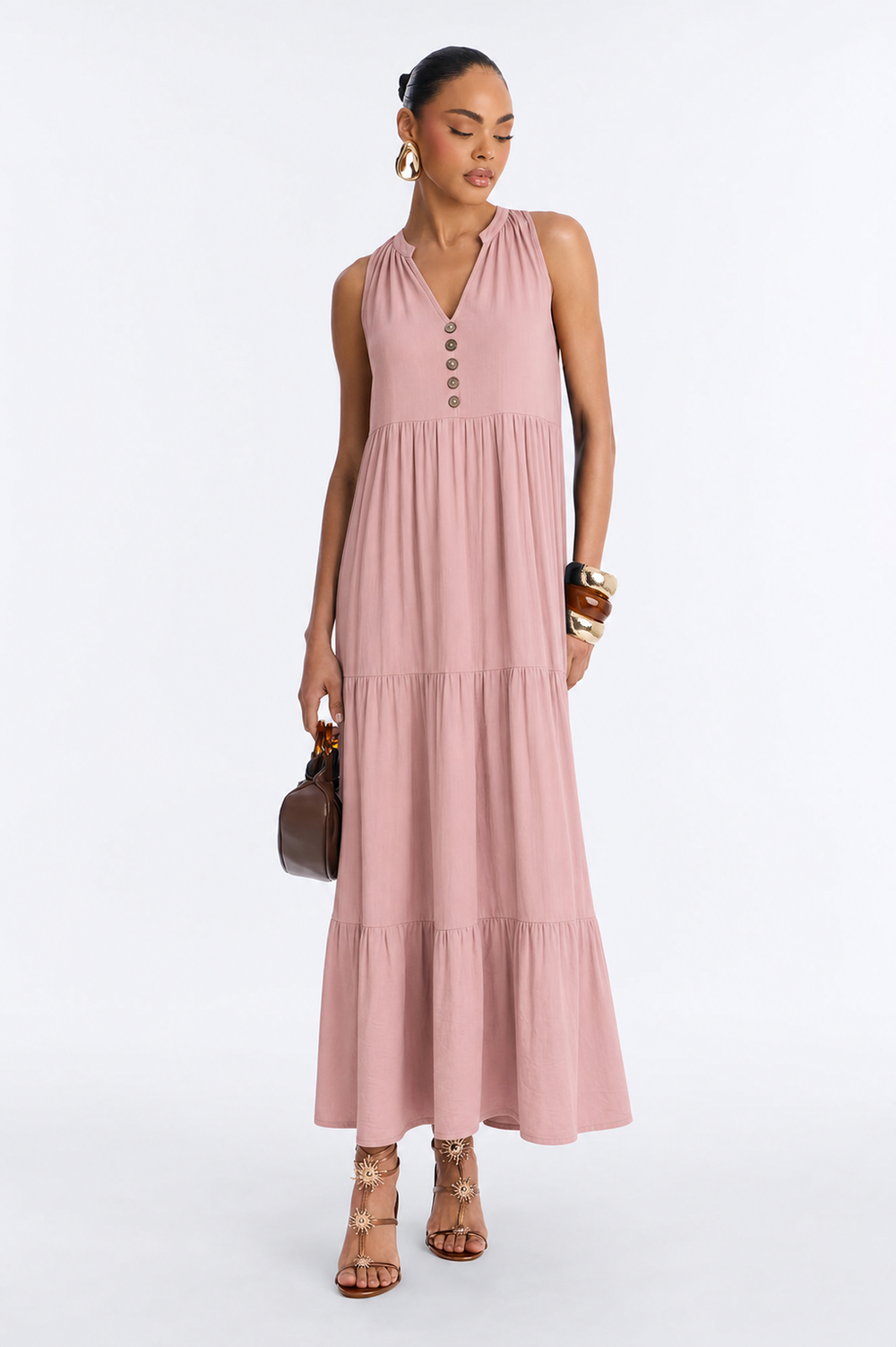 EMERY ROSE Button Detail Layered Hem Smock Dress Maxi Women Outfit
