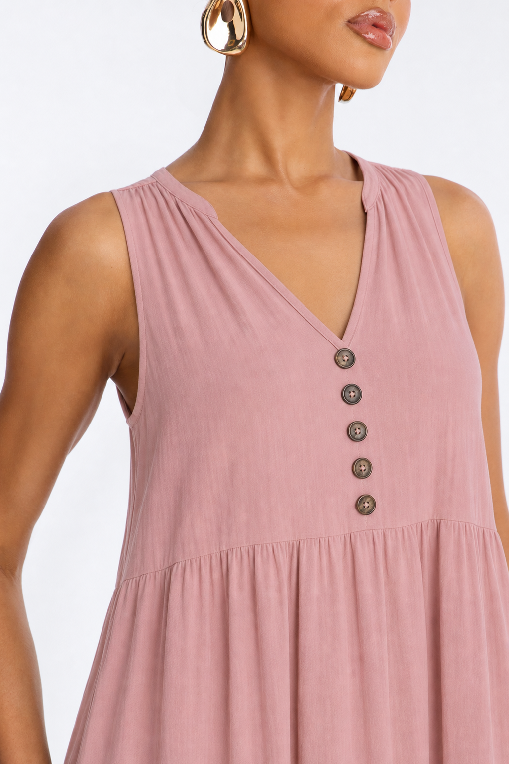 EMERY ROSE Button Detail Layered Hem Smock Dress Maxi Women Outfit