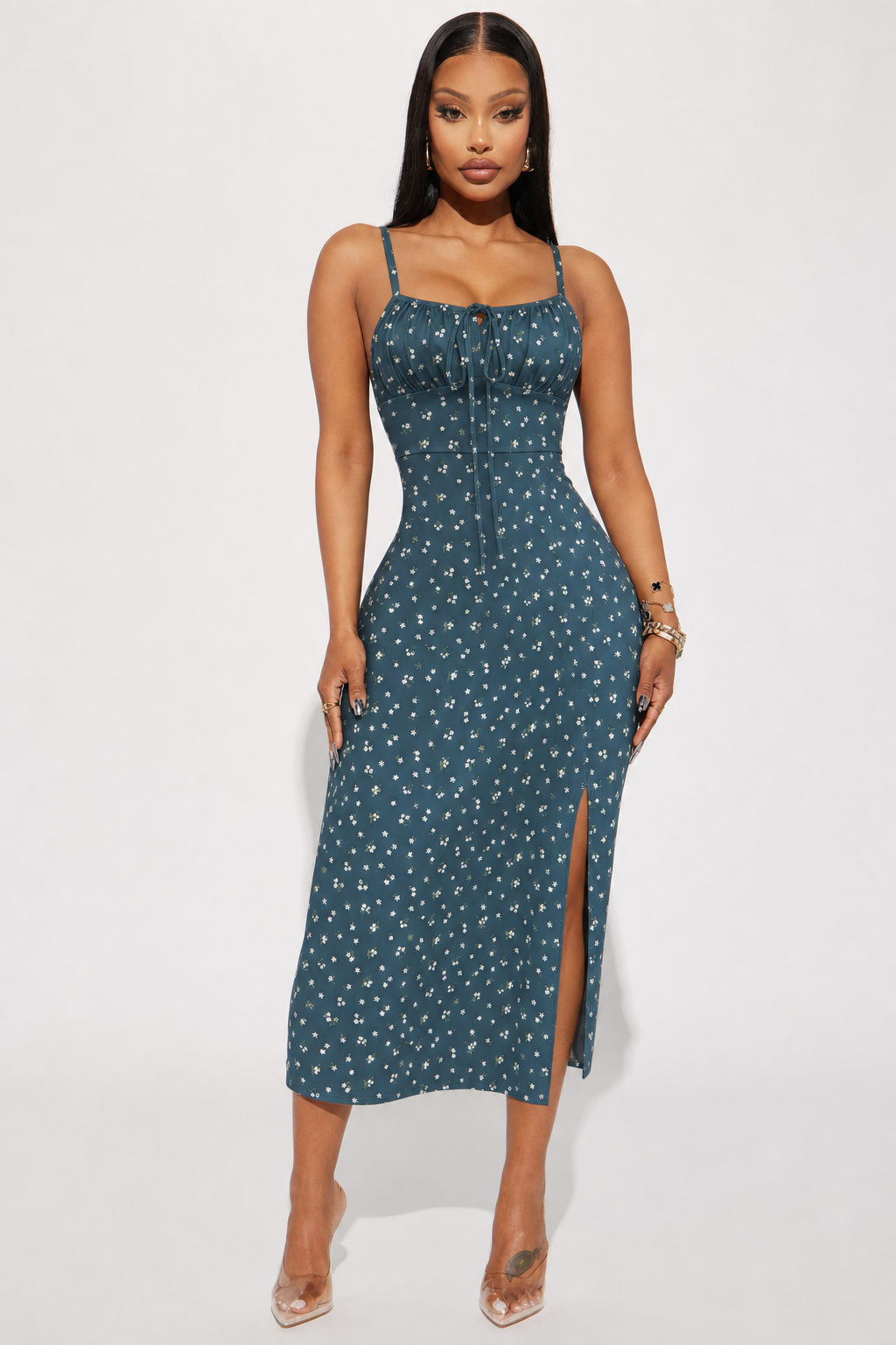 SHEIN Frenchy Women's Summer Vacation Ditsy Floral Split Midi Dress,Summer Dresses For Women