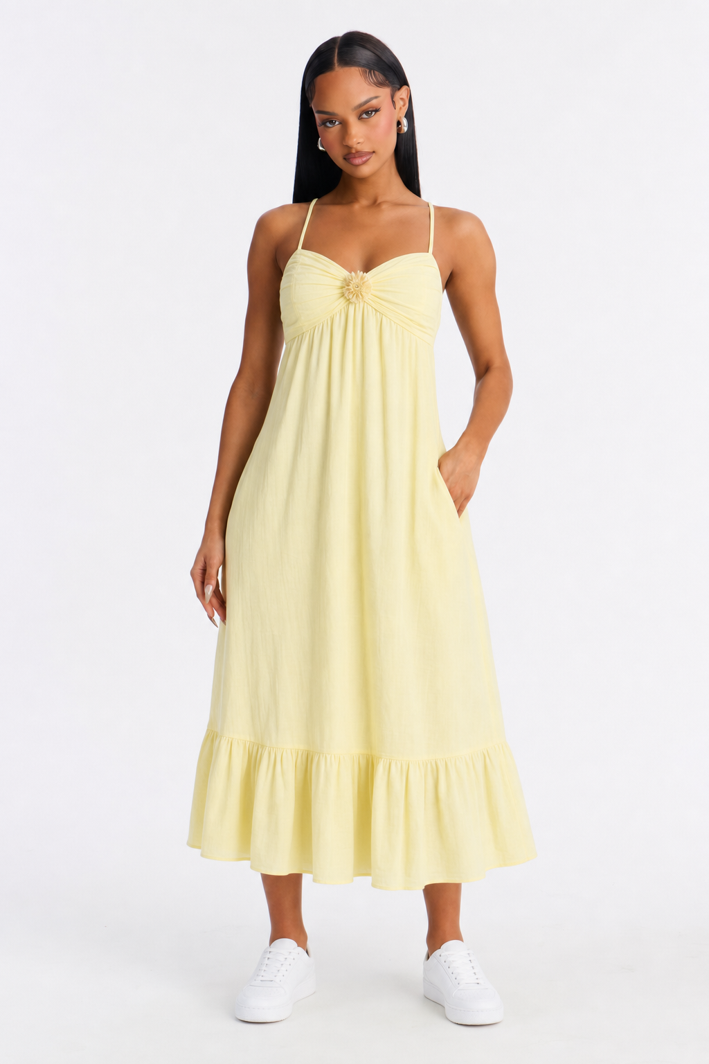 SHEIN PariChic Women's Vintage Polka Dot Sleeveless Dress,Pale Yellow,Summer,Tropical,Holiday,Vacation,Holiday,Ruched Floral Decor,Tiered Bubble Hem,Mini Dress